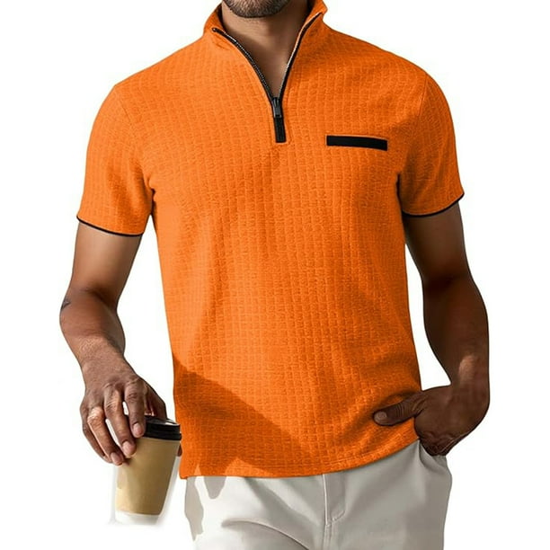 Blusa y camisa de cuello alto de manga corta para hombre, blusa informal de verano a la moda de color liso con cuello alto y cremallera, blusa/camiseta para hombre.