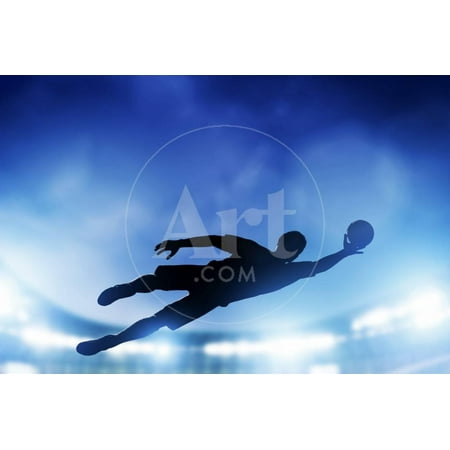Football, Soccer Match. A Goalkeeper Jumping to Defend, save the Ball from Goal. Lights on the Stad Print Wall Art By Michal