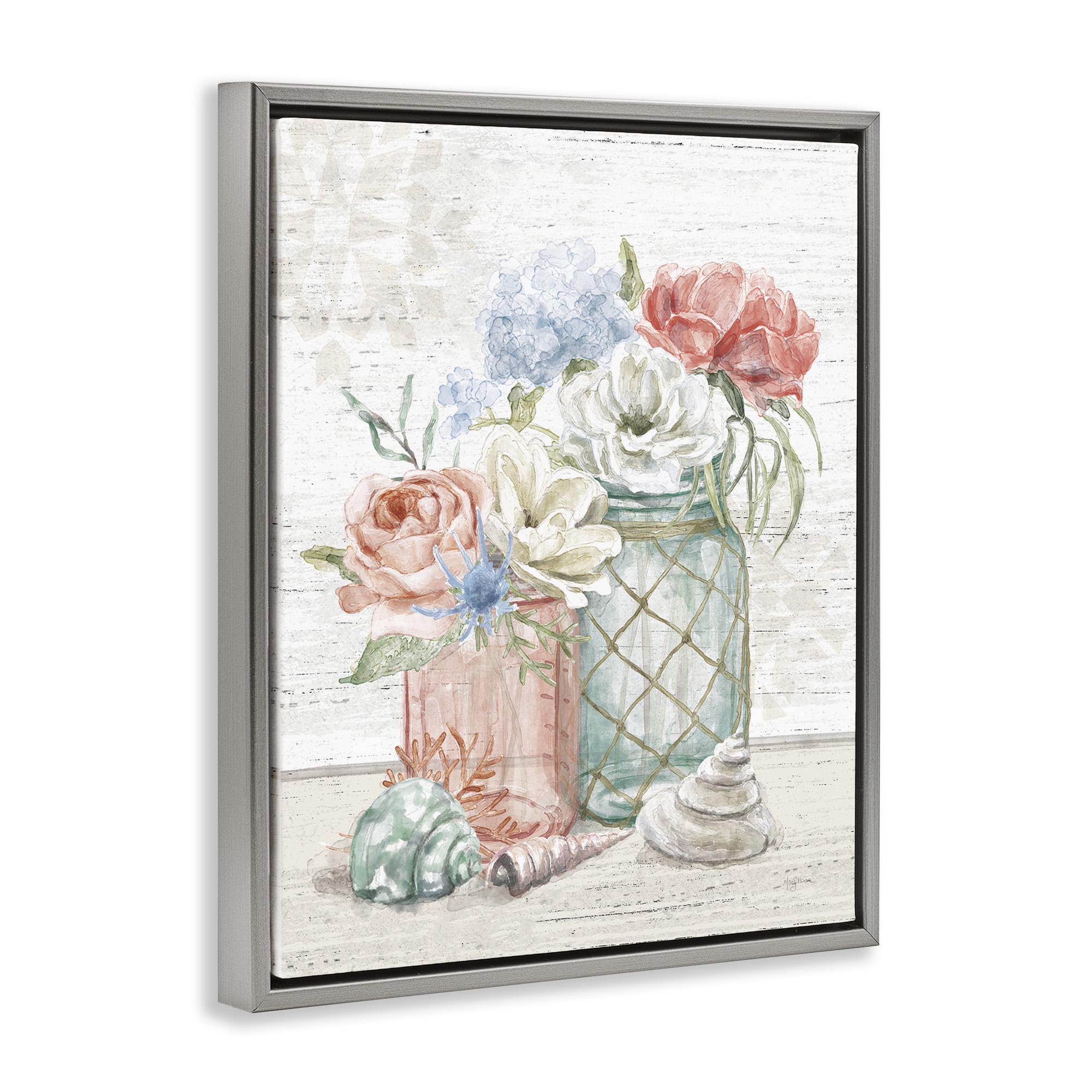 Stupell Industries Relaxed Nautical Jar Bouquets Nature Painting Gray Floater Framed Canvas Art Print Wall Art, 25 x 31