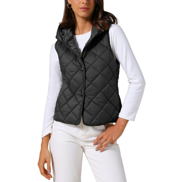 Chaleco acolchado sin mangas con capucha ligero para mujer, botón, color negro
