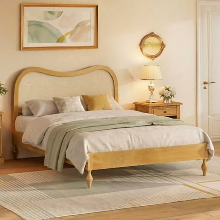 Queen Platform Bed Frame with Curved Rattan Cane Headboard, Mid-Century Modern Boho Style Bed for Bedroom, No Box Spring Needed, Sturdy Wood Slat Support, Easy Assembly, Natural