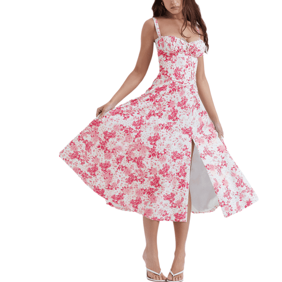 Eternatastic Women's Corset Dress Sleeveless Split Floral Printed Midi Dress French Style Beach Vacation Dress