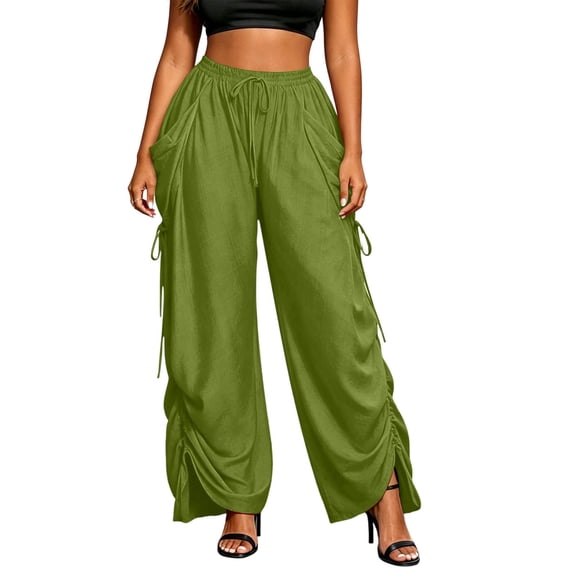cocolona Womens Street Casual Plus Size Palazzo Pants Elastic Waist Drawstring Wide Leg Travel Lounge Pants with Pockets