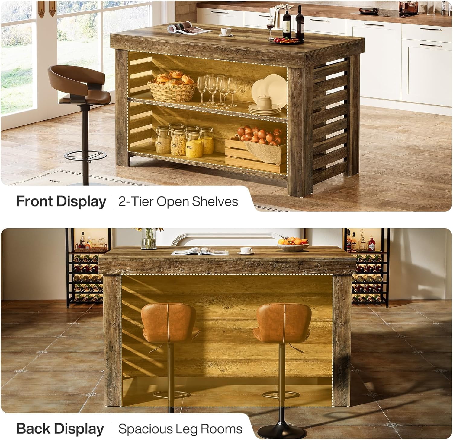 Finmind 55" Kitchen Island with Seating and Storage, 3-Tier Farmhouse Wood Coffee Bar Table for Kitchen, Dark Brown