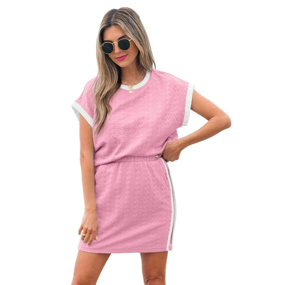 Women's Pink Contrast Trim Textured Crewneck Tee and Pocketed Skirt Set | [ZhiHiMeRi] | (US 12-14)L