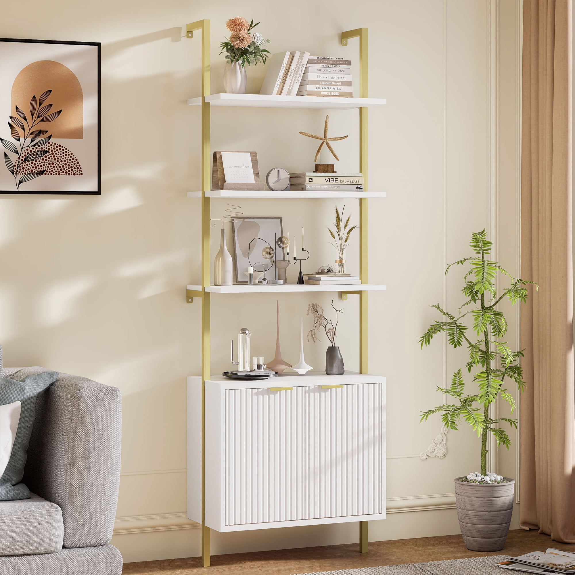 VEANERWOOD 71" Modern Ladder Accent Cabinet with Storage Shelves, White Gold