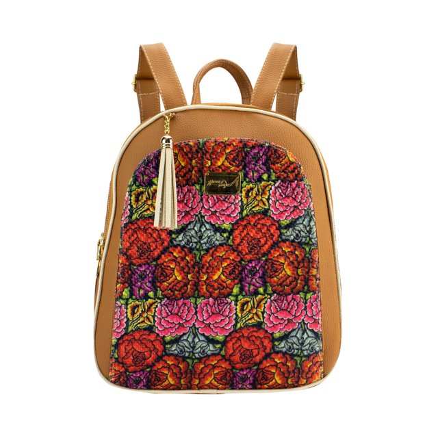 Mochila Para Dama Nueva Imagen Aster Yute Flores Rojo Sintetico Camel