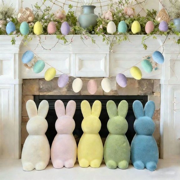 Flocked Bunny Easter Decorations Pastel Bunnies Figurines for Spring Easter Home Office Party Table Centerpiece Decoration (White)