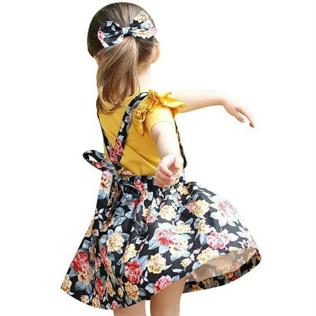 

Esho 3Pcs Little Girls Casual Outfits Kids Summer Floral Short Sleeve T-Shirts Tops+Suspender Skirt Dress+Headband Set 1-6T