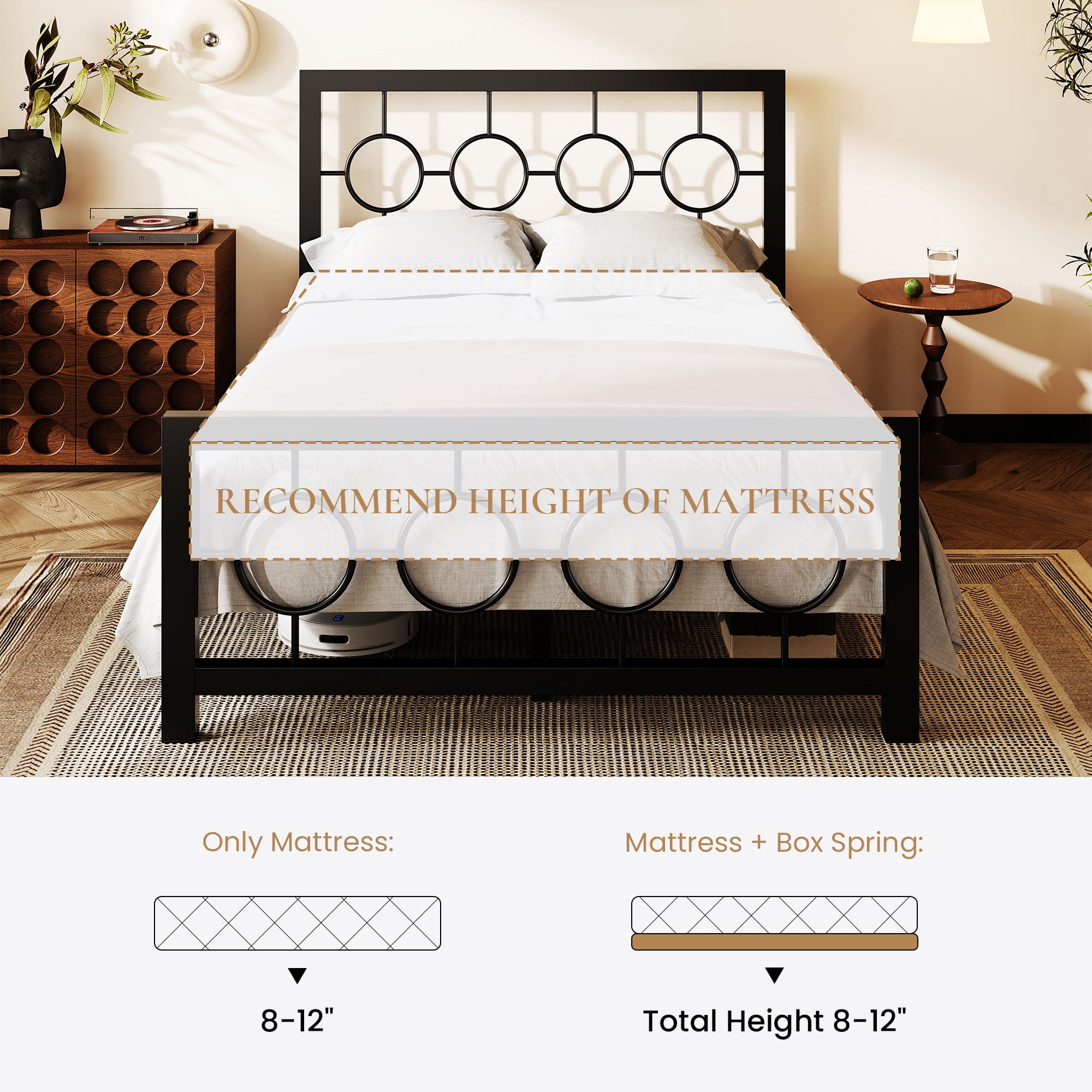 Amolife Full Size Bed Frame, Metal Platform Bed with Vintage Circular Headboard & Footboard, Black