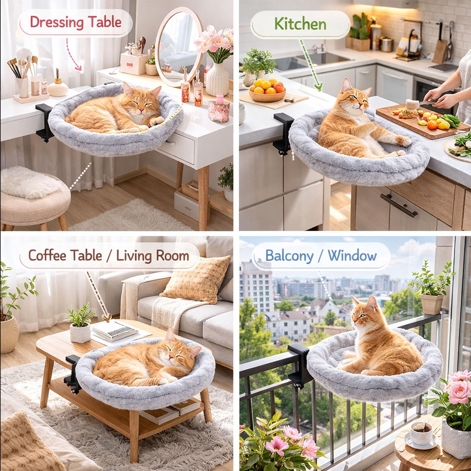 Cat Desk Bed with 360° Rotating Arm, Desk Mounted Cat Hammock with 2 Washable Pads, Heavy Duty Cats Perch, Easy Clamp Install, Supports 45 lbs for Home Office