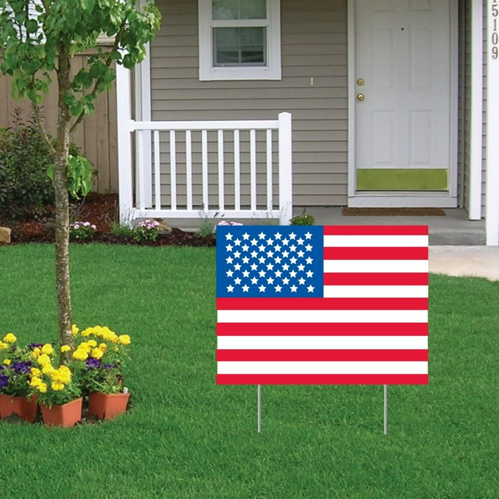American Flag USA Flag Yard Sign 18 Inch by 24 Inch TwoSided, Includes