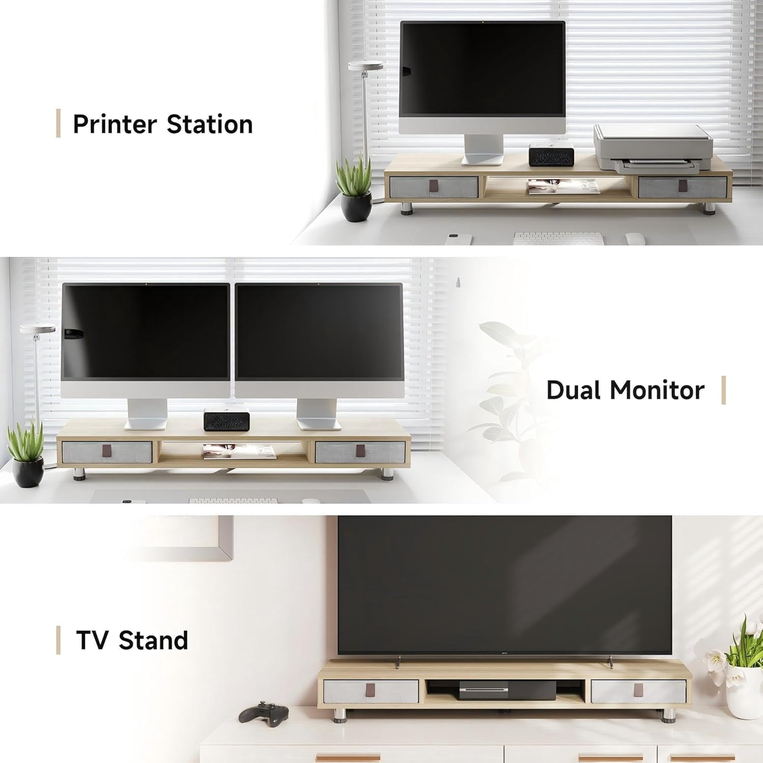 Monitor Stand, Dual Monitor Stand with 2 Drawers, Monitor Riser for 2 Monitors, Adjustable Height Computer Stand, Office Monitor Stands for Desk, Laptop, PC, TV, Printer