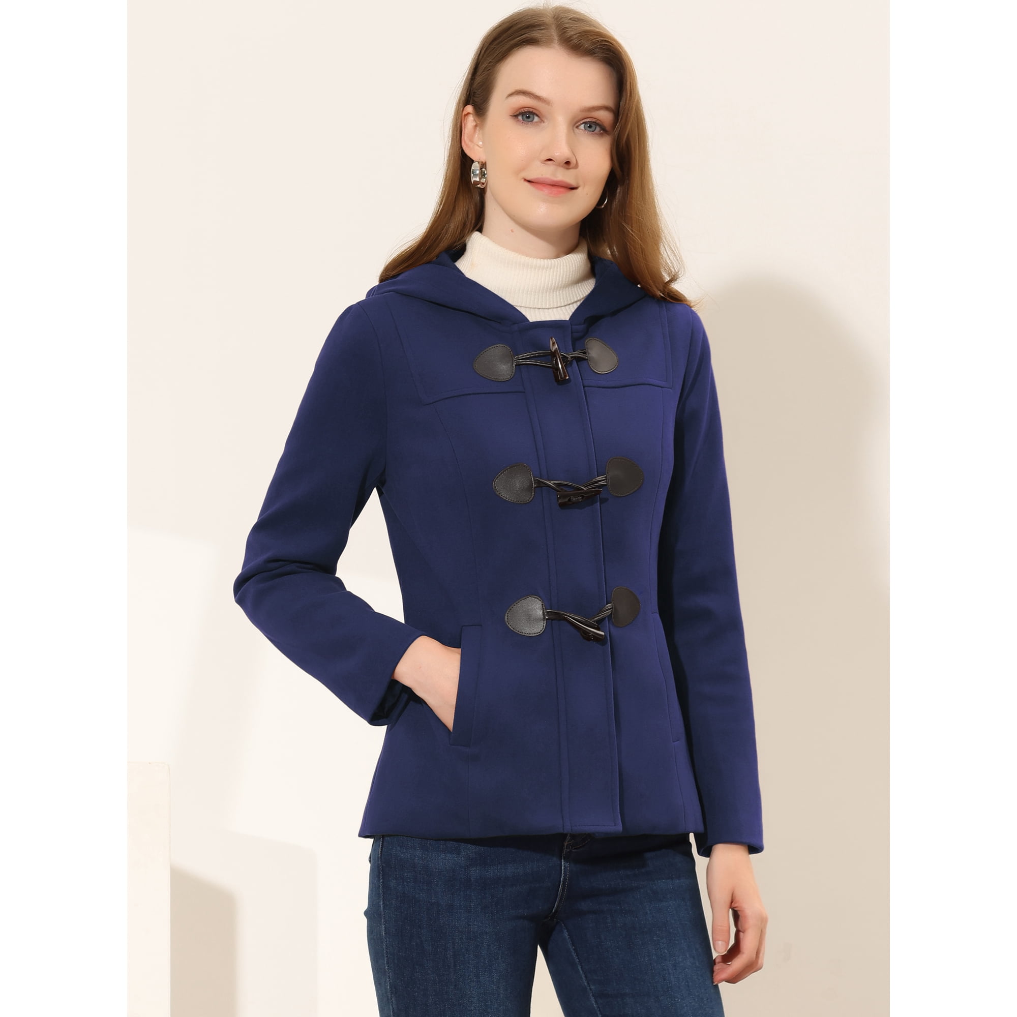 Allegra K Femmes a Bascule Duffle Coat Fermeture Eclair avant Solide Recadree a Capuche Pea Coat Bleu Marine XS Walmart