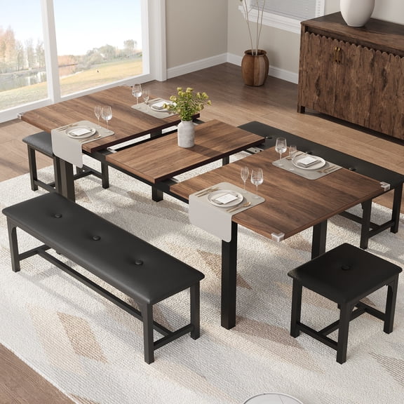 Gaderth 5-Piece Extendable Dining Table Set,Industrial Extendable Kitchen Table Set For 4-8,Wood Rectangular Dining Table With 2 Benches And 2 Stools,Metal Frame For Apartment Living Room Small Space