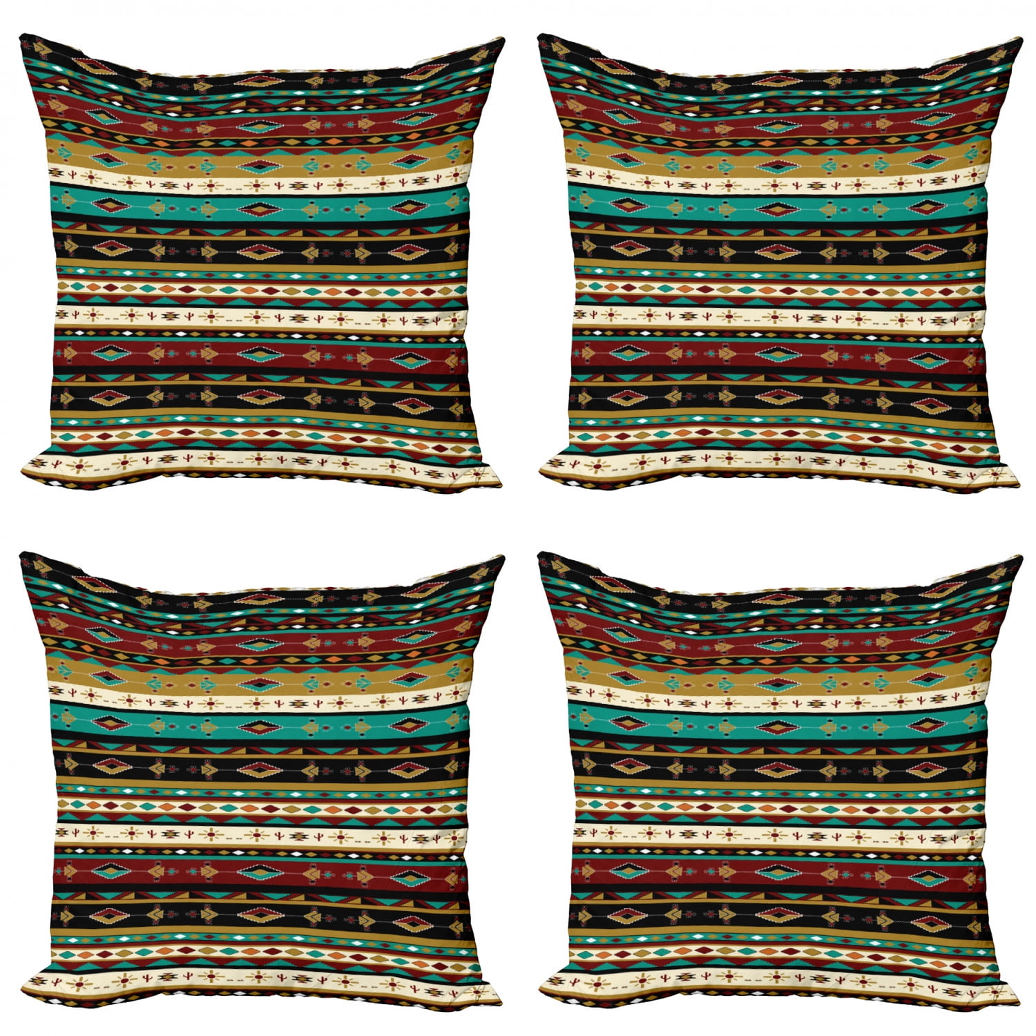 Ethnic Throw Pillow Cushion Case Pack of 4, Traditional Essential Motif with Geometric Ornaments