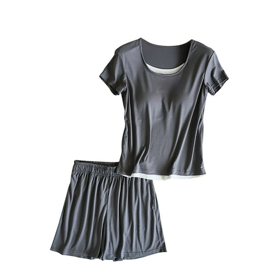 Tnhcen Women's Lightweight Sleepwear Set Built-in Bra Short Sleeve Pajamas Breathable Home Wear Comfortable M-2XL Gray