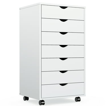 ZUNMOS 7 Drawer Chest, Storage Cabinets Dressers Wood Dresser Cabinet with Wheels Mobile Organizer Drawers for Office, Bedroom, Home, White