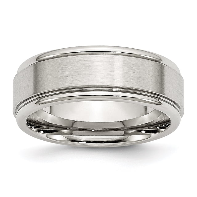 Stainless Steel Ridged Edge 8mm Brushed and Polished Band Ring 13 Size