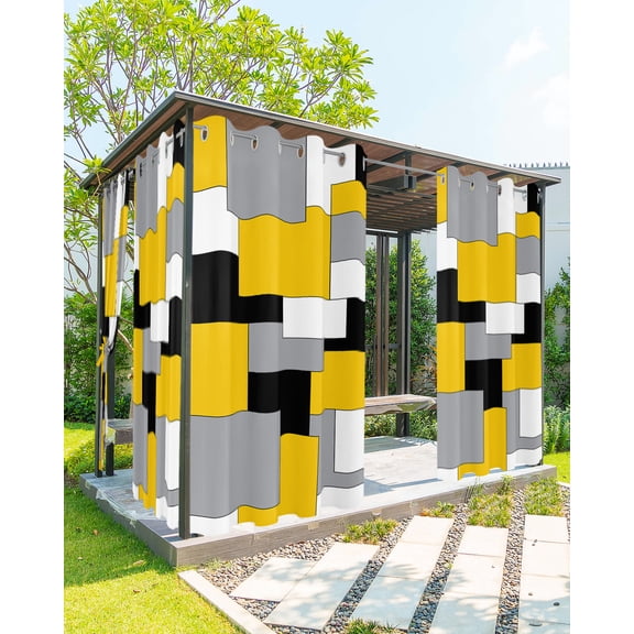 Outdoor Curtains for Patio, Yellow Grey Black Geometric Waterproof Blackout Outside Curtain for Porch/Pergola, Middle Century Art Abstract Aesthetics Thermal Insulated Drapes, 2 Panels, 54 x 95 Inch