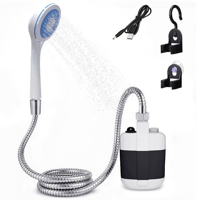 Ducha portátil para acampar, bomba de ducha recargable con cable USB y cabezal de ducha eléctrico para exteriores para acampar, hacer senderismo, bañar y lavar mascotas