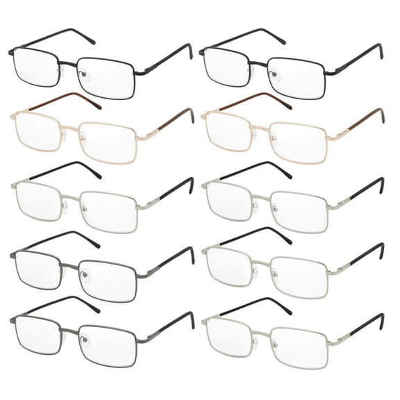 NEW 10 Pairs of Comfortable Lightweight Reading Glasses - Metal Rectangular Frame With Spring Hinges 2.75