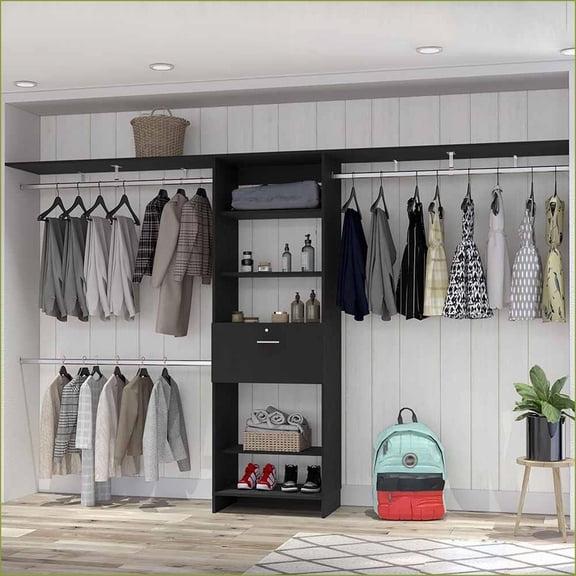 Closet Systems, 118”W Max Coverage, Functional Bedroom Organizer | Black | Particle Board
