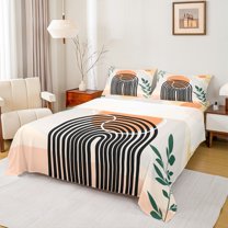 jejeloiu Geometric Striped Circle Queen Sheet Sets,Rustic Plant Leaf Flat Sheet,Abstract Minimalsim Desgin Queen Fitted Sheet For Adults,Breathable Home Decor,4-Piece