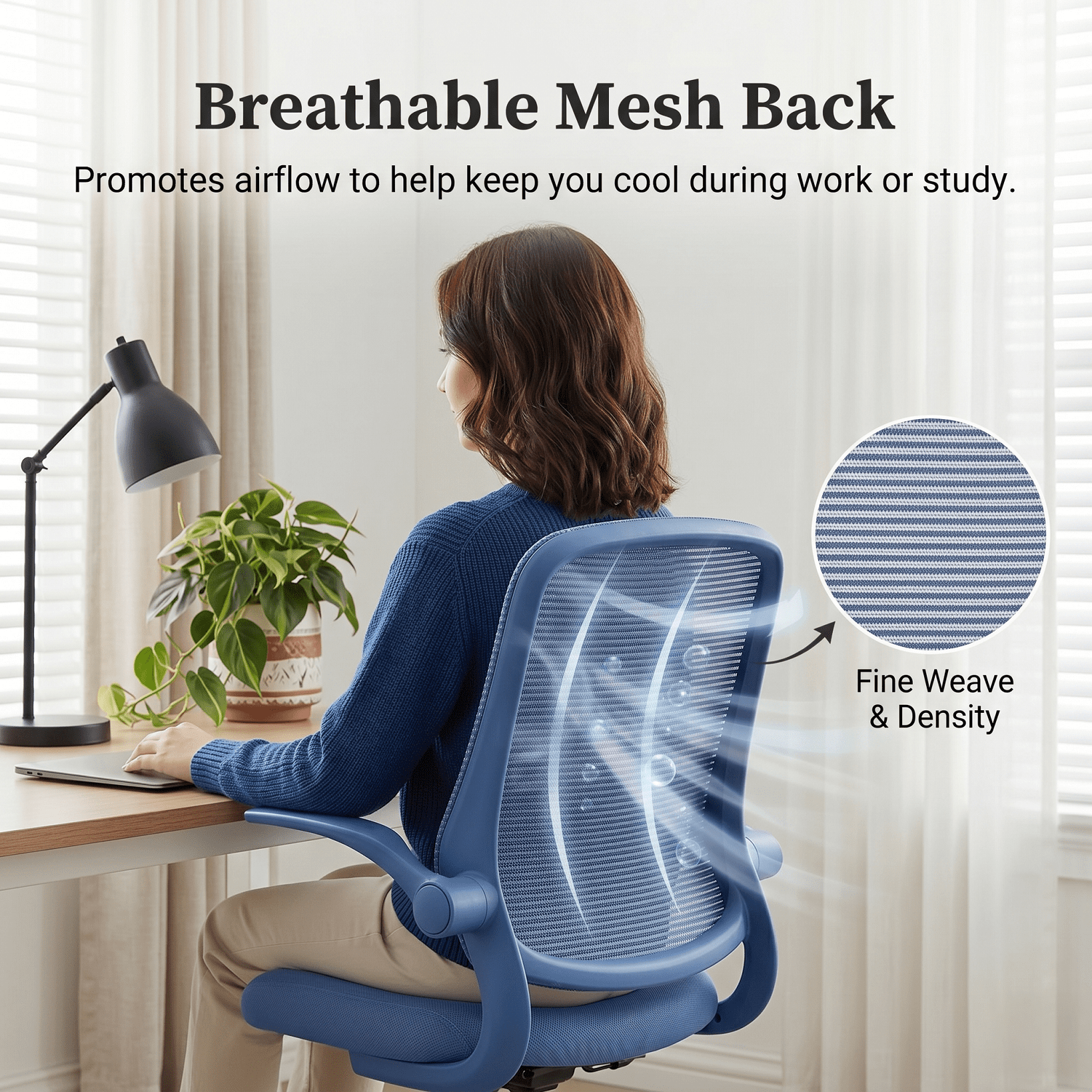 Homy Casa Blue Mesh Office Chair with Flip-Up Arms, Ergonomic Swivel Desk Chair for Home Office