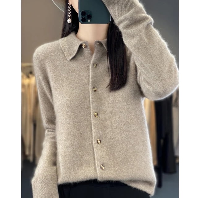 Women's Lapel Pure Wool Cardigan Autumn And Winter New Merino Cashmere Sweater Long Sleeve Formal Knitting Top S-XXL