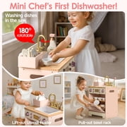 Robud Wooden Dishwasher Playset for Kids - Pretend Kitchen Sink with Faucet, Turning Knobs, Dish Rack & Tableware for Toddler Role Play Toy Ages 3+, Pink