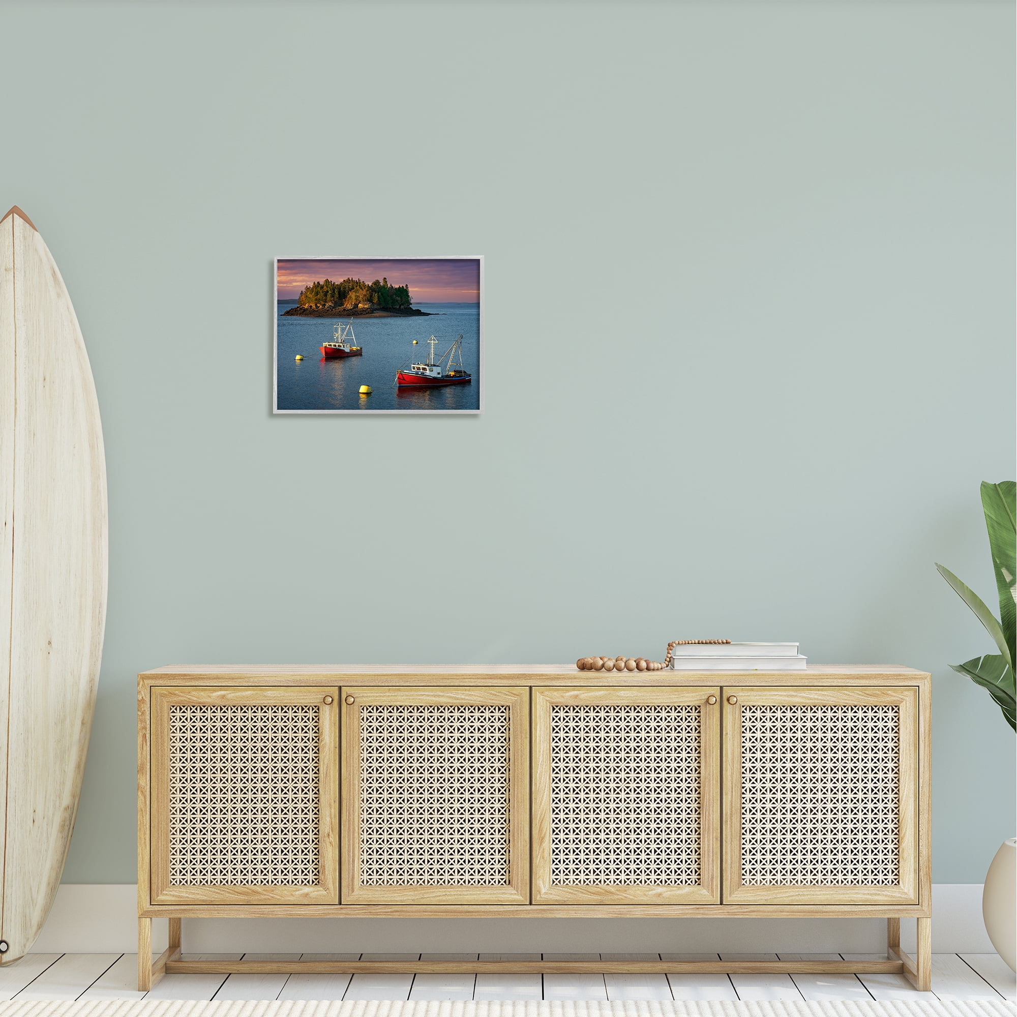 Stupell Boats Sailing Ocean Island Landscape Photography Gray Framed Art Print Wall Art