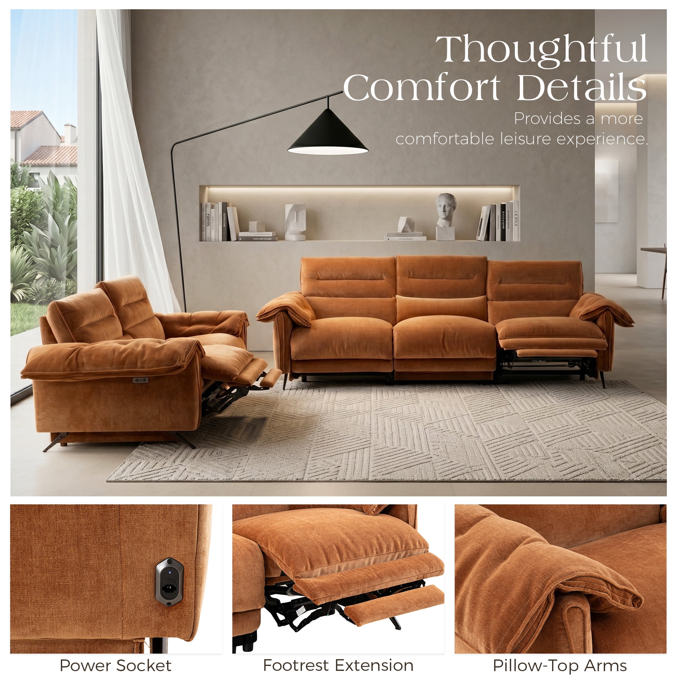Aenkyo 2-Piece Power Reclining Sofa Set with USB Ports, Loveseat and Sofa, Sienna Brown