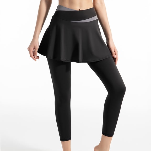 CAIXIA Women's Leggings with Pleated Skirt Elastic High Waisted Workout Yoga Skinny Pants