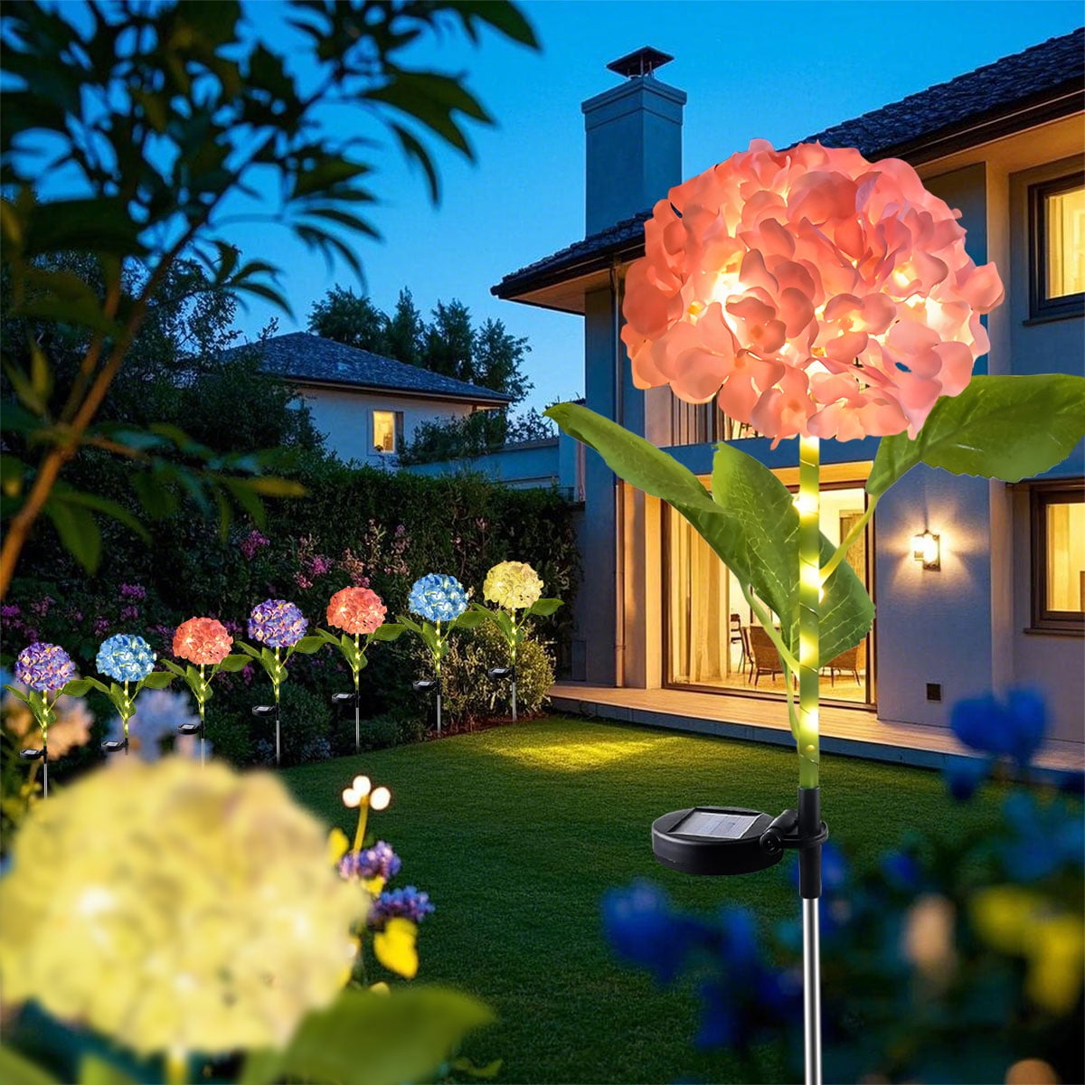 Rirool 4 Pack Solar Garden Lights Outdoor, Dual Mode Solar Hydrangea Flower Lights with 600mAh Battery, IP65 Waterproof, Warm White LED for Yard Pathway Lawn Patio Decoration