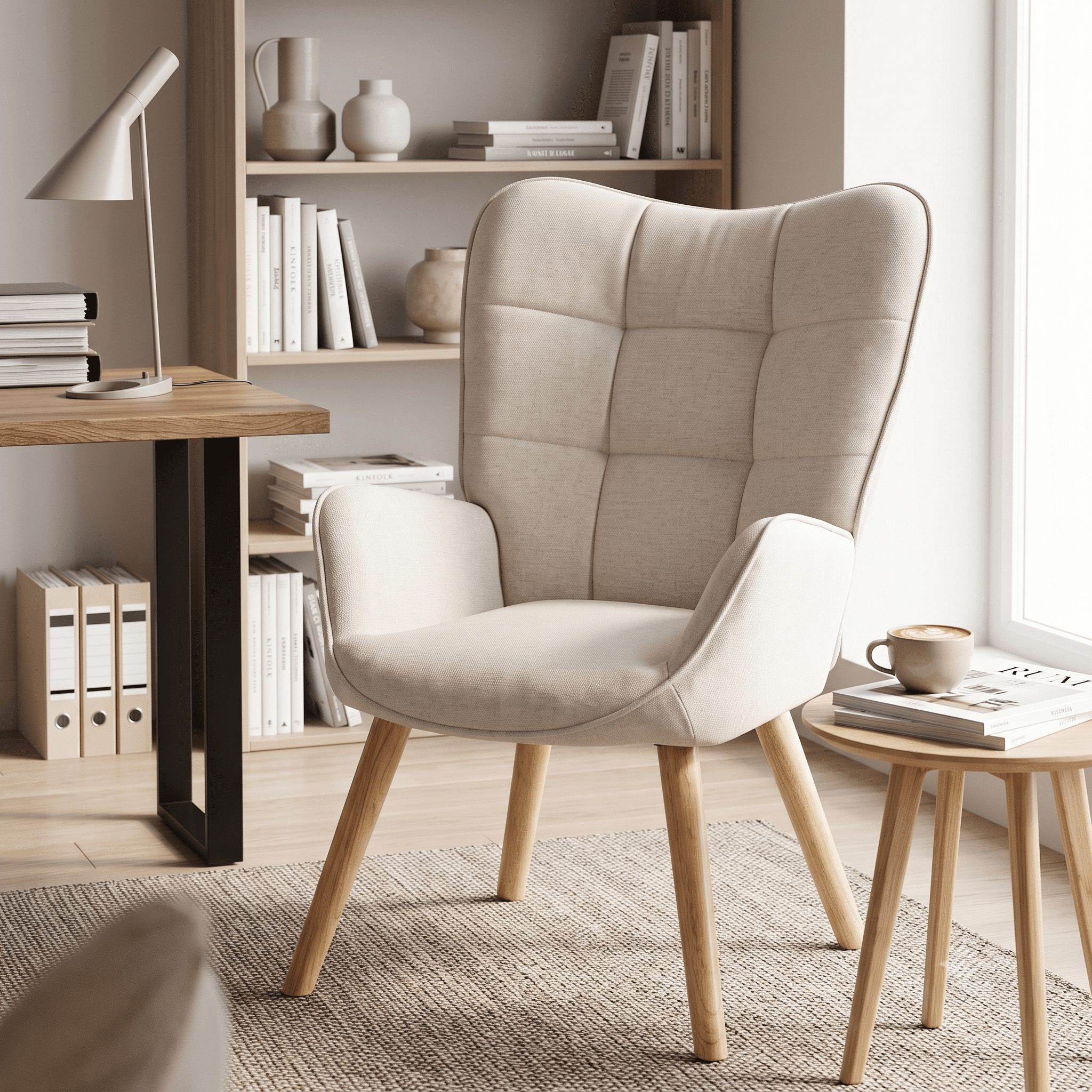 Homy Casa Beige Accent Chair, Upholstered Wingback Armchair with Wood Legs for Living Room
