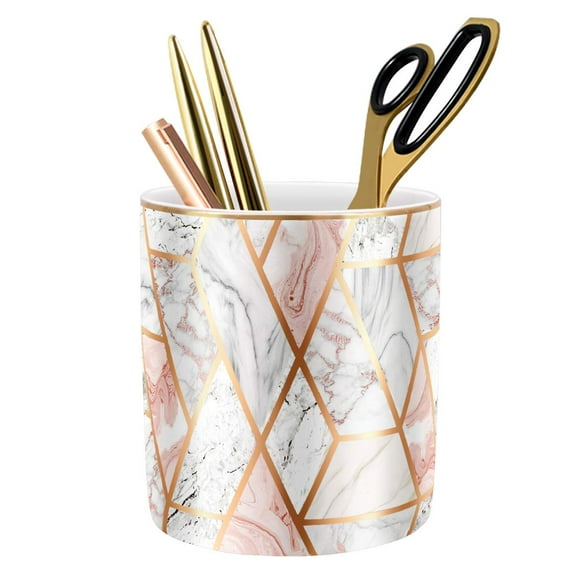 WAVEYU Porte-Stylo pour Bureau, Porte-Crayon pour Bureau, Organisateur de Bureau en Céramique Durable, Porte-Pinceau de Maquillage, Design Marbre Rose Doré Porte-Crayon pour Bureau, Salle de Classe, Marbre Rose