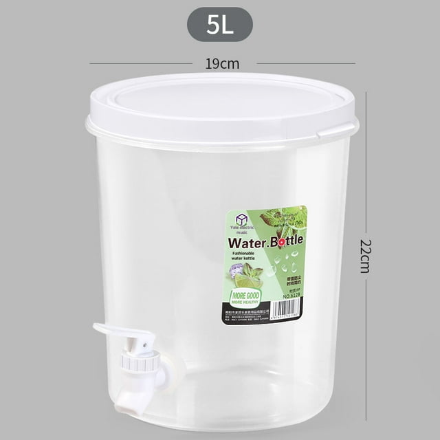 Distributeur d'Eau Froide Rond en Plastique de 5 L avec Robinet et Couvercle - Pichet de Rangement Résistant à la Chaleur et Peu Encombrant pour Réfrigérateur, Infusion à Froid, Jus de Fruits et Organisation de Cuisine – Durable, Facile à Nettoyer pour la Maison