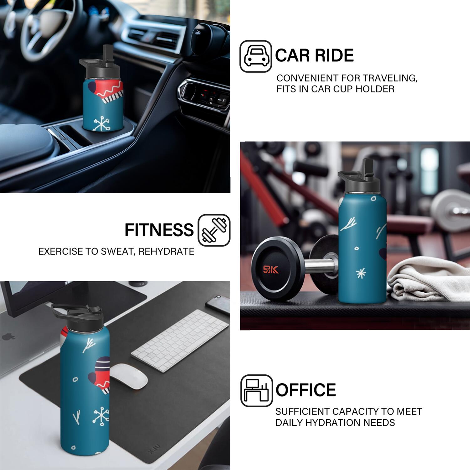Christmas 18 oz Insulated Stainless Steel Water Bottle with Straw & Cleaning Brush , Leakproof, BPA-Free, 304 Stainless Steel, Wide Mouth, Travel Mug for Car, Gym, Office