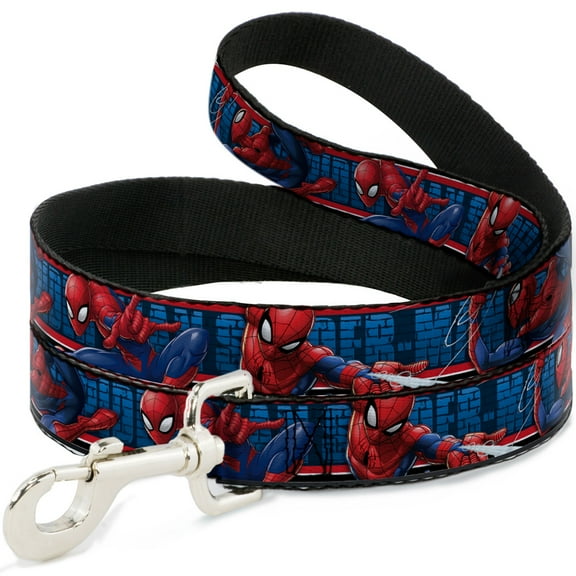 Marvel Comics Pet Leash, Dog Leash, Spider Man Action Poses Bricks Stripe Blues Red White, 6 Feet Long 1.0 Inch Wide