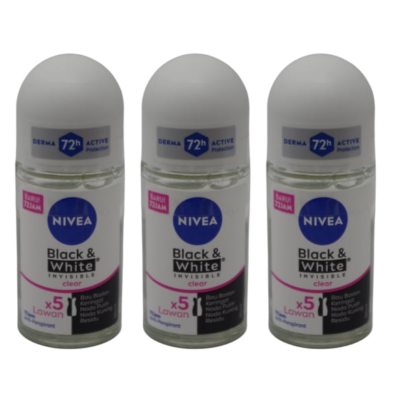 Nivea Black & White Pure Invisible Roll-On Deodorant for Women, Helps Protect Clothes from Marks, Clean Fresh Feminine Fragrance, 50ml - Pack of 3