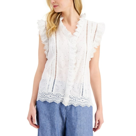 Charter Club Cotton Ruffled Eyelet Top Bright White XS