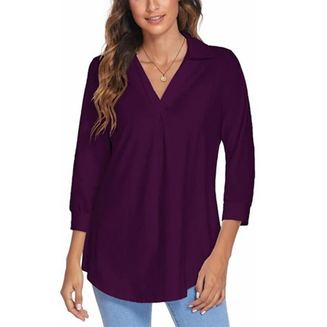 LUXUR Haut Femme Ample Tunique Chandail Manches 3/4 Chemise Col en V Blouse Violet TG
