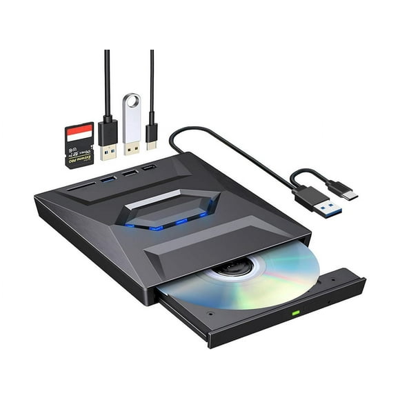 External CD DVD Drive Player CD Burner with USB 3.0/USB-C Ports Hub and SD Card Reader, Portable CD DVD ROM +/-RW Optical Disk Drive Writer for Laptop PC Windows 11/10, Mac, Linux Computer