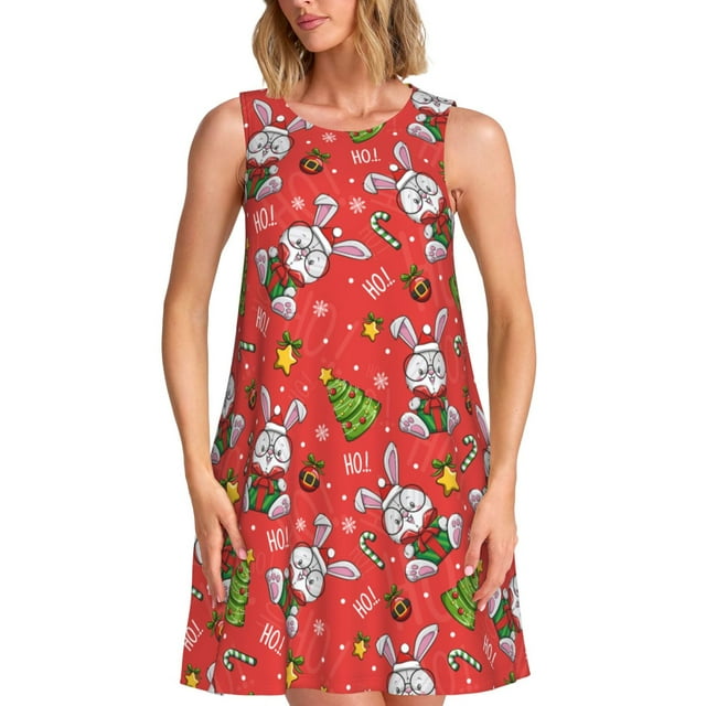 Disketp Cute Christmas Bunny para Vestido sin Mangas para Mujeres, Vestidos de Verano para Mujeres, Casual y Holgado para la Playa