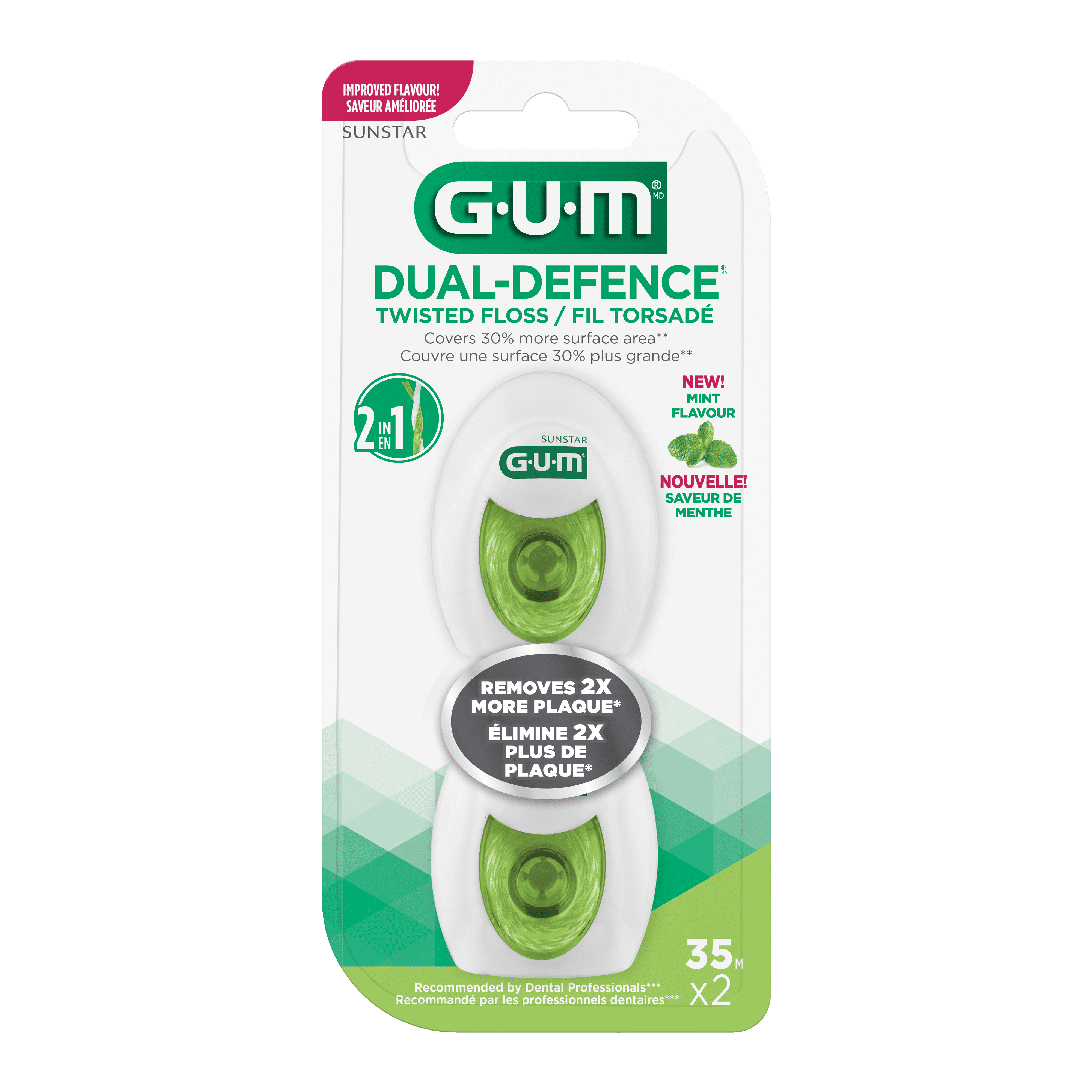 GUMᴹᴰ Dual-Defence Fil Torsadé, élimine 2 fois plus de plaque dentaire tout en couvrant 30 % de surface en plus, avec un arôme de menthe.