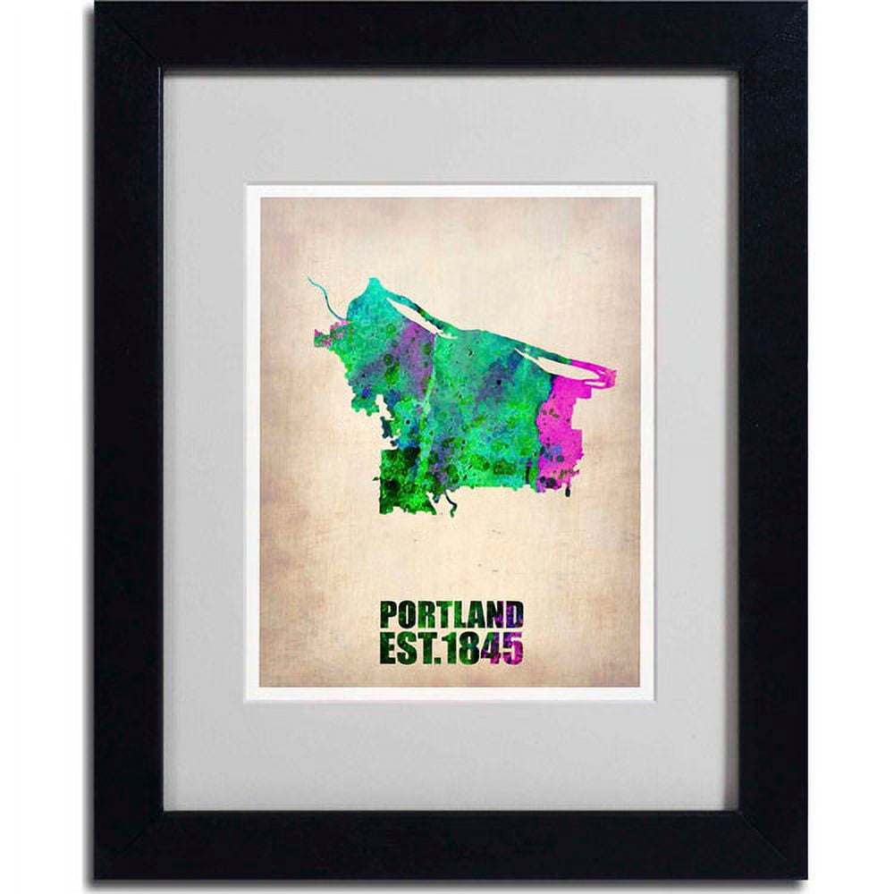 Trademark Fine Art "Portland Watercolor Map" Matted Framed Art by Naxart, Black Frame