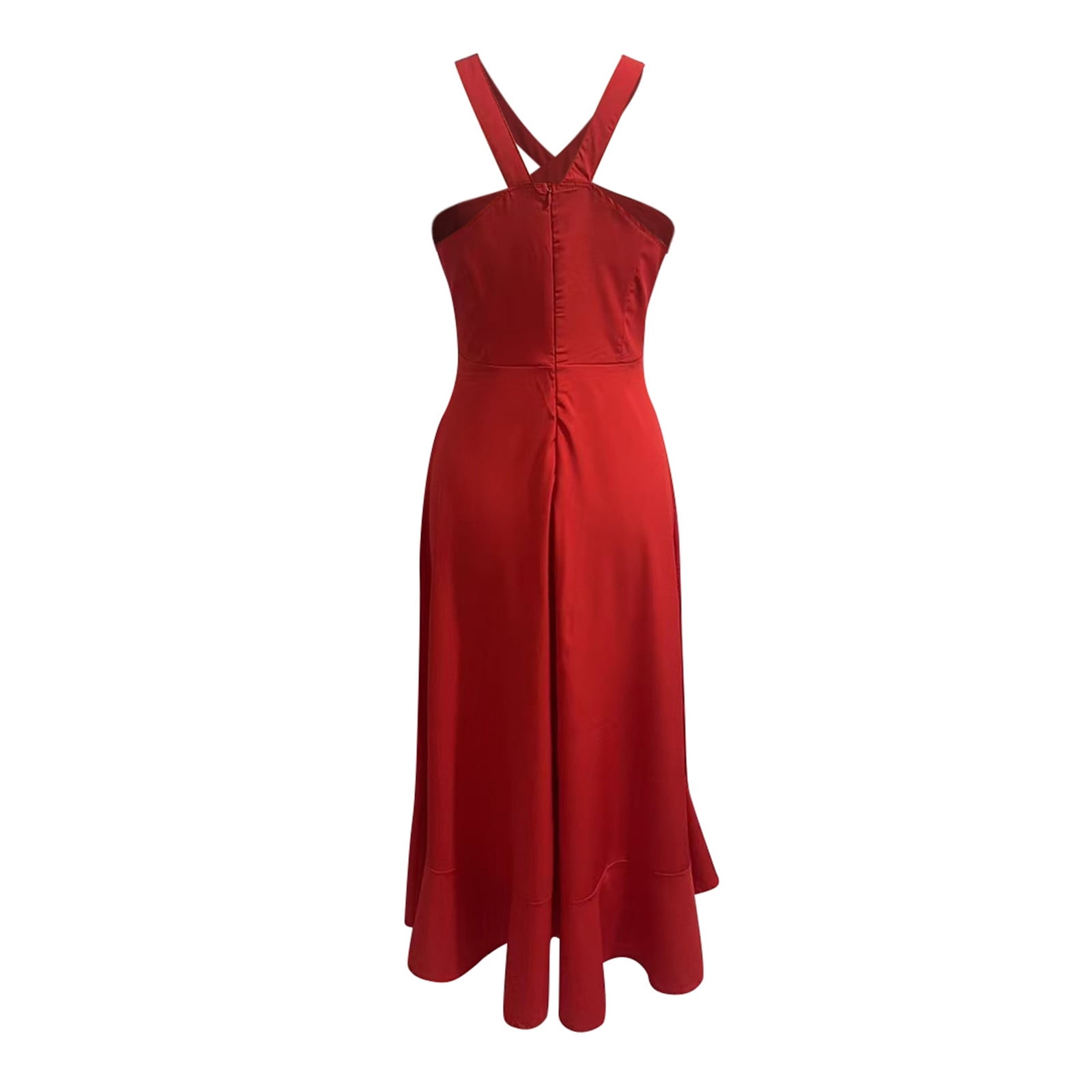 Jamsmile Womens Dress Solid Color Halter Cross Strap Ruffles Hem High Split Party Long Dresses Elegant Ladies Slim Fit Party Dress