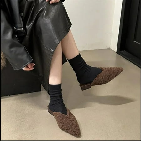

Baotou plush slippers for women wearing flat bottomed Baotou single shoes for women wearing plush shoes (Chocolate 36)