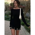 thumbnail image 2 of Prettady Women Elegant Ruffle Hem Knit Mini Dress Long Sleeve Contrast Color Patchwork Bodycon Short Sweater Dress Fall Black XS, 2 of 7